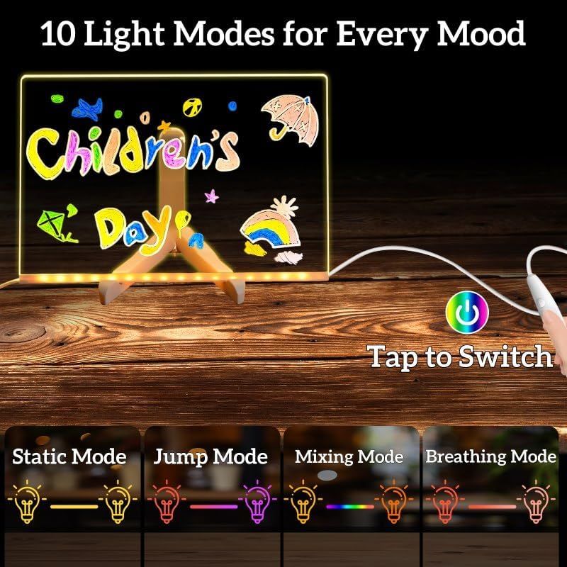 zimumoda LED Note Board with Colors – Acrylic Dry Erase Board with 10 Light Modes, 7 Fluorescent Markers & Eraser, USB Powered Light Up Drawing Board for Kids & Adults, LED Message Board for Home Office School - Image 3